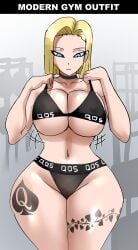 1girls android_18 blonde_hair blue_eyes cuckold dragon_ball dragon_ball_super dragon_ball_z female female_only gtsn17 gym gym_clothes huge_breasts interracial light-skinned_female light_skin netorare ntr qos qos_clothing queen_of_spades solo sports_bra tattoo tattoos thick_thighs wide_hips