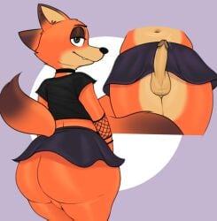 1boy anthro ass balls big_ass bubble_butt chipchell choker clothing dat_ass fat_ass femboy fishnet_armwear fishnets fox goth large_ass looking_at_viewer looking_back male male_only nick_wilde no_panties penis shirt skirt solo thick_ass thick_thighs wide_hips zootopia