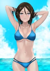 armpits arms_behind_head bikini black_hair blue_bikini blue_eyes blush breasts cleavage female girls_und_panzer large_breasts navel nonna_(girls_und_panzer) ocean outdoors sky solo swimsuit yu_sakurai06