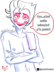 abdomen bath_towel big_smile blush dialogue hazbin_hotel lonely lucifer lucifer_morningstar_(hazbin_hotel) male pectorals sketch smile smiling teeth tooth_gap