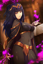 bangle bangs black_hair blunt_bangs bodystocking bodysuit book bracelet breasts cape circlet esther-shen female fire_emblem fire_emblem_awakening full_bodystocking jewelry large_breasts magic nintendo photoshop_(medium) purple_eyes purple_hair skin_tight solo_female tharja_(fire_emblem) tiara