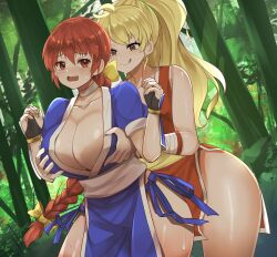 2girls :q bare_shoulders big_breasts blonde_hair braid braided_ponytail breasts breasts_bigger_than_head brown_eyes brown_hair capcom cleavage crossover dead_or_alive female_pervert final_fight final_fight_2 grabbing grabbing_another's_breast groping highres huge_breasts kasumi_(doa) kunoichi large_breasts licking_lips long_hair maki_genryusai matching_hair/eyes multiple_girls ninja pelvic_curtain revealing_clothes short_sleeves sleeveless street_fighter tecmo tongue tongue_out trait_connection tree wide_hips yuri zad_orein