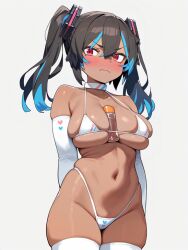 1girl 2024 ai_generated black_hair blue_highlights blush collar dark-skinned_female dark_skin elbow_gloves embarassed hair_ornament hatsune_miku highlights large_breasts looking_at_viewer microbikini navel red_eyes shoulder_length_hair skindentation solo stable_diffusion standing streaked_hair thighhighs twintails wavy_mouth