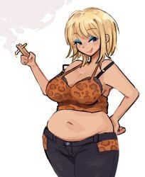 1girls bedroom_eyes belly big_breasts blonde_hair breasts chubby cigarette cleavage female female_only huniepop huniepop_2 jessie_maye kint kinto-bean leopard_print makeup mature_female milf short_hair skimpy slightly_chubby smile smoking solo white_background