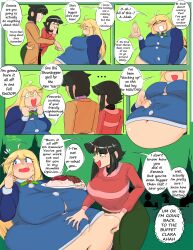 1boy 2girls belly big_breasts breasts clinkoclinko comic comic_page dialogue embarrassed emilia_von_schleuse fat_rolls groping_belly huge_belly in_denial poking_belly scolding ssbbw stomach teasing text text_bubble weight_conscious