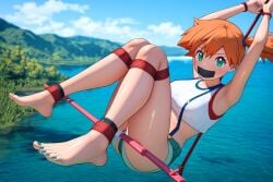 ai_generated arms_tied_above_head blush bondage bound_ankles bound_legs female female_only gag gagged green_eyes human kasumi_(pokemon) looking_at_viewer orange_hair painted_nails pokemon predicament_bondage sirallucard tape_gag