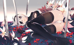 artist_request ass blindfold blue_eyes breasts cleavage female flowers headband leotard lying nier nier:_automata sword tagme thick_thighs thighhighs thighs white_hair yorha_2b