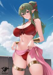 1girls alternate_costume artist_name bikini blue_sky breasts cameltoe cleavage clothes_lift collarbone female female_only fire_emblem fire_emblem_awakening fire_emblem_heroes front-tie_bikini_top front-tie_top gold_choker green_eyes green_hair hair_ornament highres jewelry kaos_art large_breasts lifted_by_self long_hair looking_at_viewer navel nintendo official_alternate_costume pink_sarong pointy_ears ponytail red_bikini ribbon sarong skindentation sky smile solo swimsuit tiara tiki_(adult)_(fire_emblem) tiki_(adult)_(summer)_(fire_emblem) tiki_(fire_emblem)