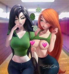 2girls ass big_ass big_breasts black_hair breasts bust busty censored censored_breasts chest curvaceous curvy curvy_figure digital_media_(artwork) disney disney_channel english_text female female_only hero heroine hips hourglass_figure huge_ass huge_breasts human kim_possible kimberly_ann_possible large_ass large_breasts legs light-skinned_female light_skin mature mature_female multiple_girls sakimichan shego slim_waist text thick thick_hips thick_legs thick_thighs thighs voluptuous waist wide_hips