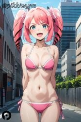 ai_generated arms_behind_back ass_visible_through_thighs bikini blue_eyes blush breasts building collarbone cowboy_shot day drill_hair female halterneck hanabishi_haruka looking_at_viewer magia_magenta mahou_shoujo_ni_akogarete medium_breasts navel open_mouth outdoors pikkiwynn pink_bikini pink_hair side-tie_bikini_bottom sky smile solo swimsuit twin_drills twintails