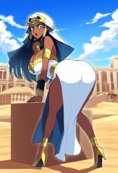 1girls ai_generated big_ass big_breasts black_hair blue_eyes blue_sky clothed_female colored dark-skinned_female dark_skin detailed_background egyptian_female female_only golden_bracelets golden_heels isis_ishtar long_hair looking_at_viewer looking_back mommy necklace open_mouth rear_view red5805 ruins solo_female standing thick_thighs uncensored yu-gi-oh!