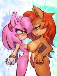 amy_rose blue_eyes blushing_at_each_other breast_to_breast chipmunk female glaring_at_each_other green_eyes hedgehog large_breasts long_hair mobian_(species) mobian_chipmunk mobian_hedgehog naked naked_female pink_hair red_hair sally_acorn sega shorter_female small_tail sonic_(series) sonic_the_hedgehog_(archie) sonic_the_hedgehog_(comics) sonic_the_hedgehog_(series) taller_female thefuckingdevil