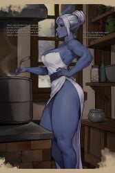 1girls apron cherry-gig cooking dark_elf drow dungeons_and_dragons forgotten_realms housewife muscular_arms red_eyes sinafay_(cherry-gig) submissive submissive_female the_honeypot_(cherry-gig) thick_thighs white_hair