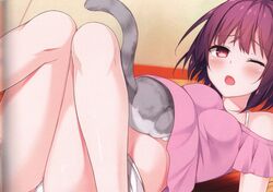 1girls animal_in_clothes blush bra_strap breast_lick breast_sucking breasts feline feral_on_female game_cg inside_clothing interspecies looking_pleasured lying medium_breasts miko_92 nipple_licking nipple_suck off_shoulder open_mouth panties red_eyes red_hair shared_clothes short_hair zoophilia