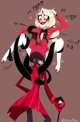 alastor_(hazbin_hotel) blonde_hair blush charlastor charlie_morningstar_(hazbin_hotel) cheating_girlfriend clothed_oral cunnilingus deer demon hazbin_hotel licking_pussy male/female male_penetrating_female red_hair spread_legs straight tentacles zazzipazzi