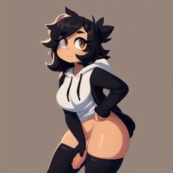 1futa ai_generated aifutalover black_hair bottomless elbow_gloves futanari gynomorph hoodie human looking_at_viewer lowres smug thighhighs white_hoodie