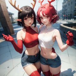 ai_generated antlers beach black_hair elf_ears eye_contact female gloves pixie_cut red red_eyes red_gloves seductive_expression short_hair smirk smug_expression stripper teasing usebackdooronly