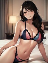 1girls ai_generated ai_mirror bed bedroom bedside_table belly_button black_hair blush brown_eyes curtains lamp leaning_aside long_hair looking_at_viewer lying_on_bed multicolored_underwear small_breasts underwear white_skin