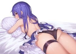 1girls absurdres ass bare_arms bed bed_sheet black_panties blue_hair blue_skirt blush breasts cowboy_shot cushion female frills from_behind highres hinanawi_tenshi hugging_object ibuki_notsu long_hair looking_at_viewer looking_back lying nipples on_bed on_stomach panties red_eyes shoulder_blades sideboob simple_background skindentation skirt small_breasts solo tagme tenshi_hinanawi thigh_strap thighs topless touhou underwear