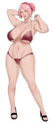 1girls absurdres aged_up alternate_breast_size areola_slip arms_up bare_legs bikini breasts covered_erect_nipples curvy facial_mark female female_focus forehead_mark full_body green_eyes high_heels highres huge_breasts jnsdh looking_at_viewer midriff naruto naruto_(series) navel one_eye_closed pink_hair ponytail sakura_haruno sandals short_hair solo swimsuit thick_thighs thighs toes wink