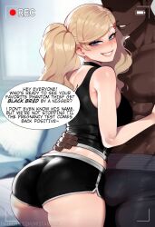 1boy 1girls ai_generated ann_takamaki blonde_hair blue_eyes dark-skinned_male edit english_text imminent_sex interracial light-skinned_female mistarman netorare persona persona_5 recording size_difference