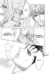 2boys bed berserk black_hair comic dialogue doujin english_text gay griffith guts_(berserk) imminent_sex long_hair male muscular muscular_male nude short_hair text white_hair yaoi