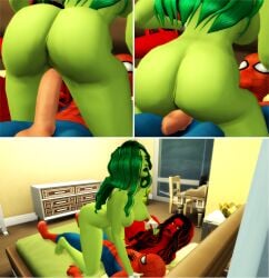 1boy 2girls cowgirl_position female green-skinned_female green_skin hulk_(series) human large_penis light-skinned_male light_skin male marvel pale-skinned_male peter_parker pof3445 red-skinned_female red_she-hulk red_skin she-hulk sims4 spider-man spider-man_(series) straight threesome