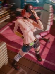 1girls 2024 3d 3d_(artwork) areolae bed bedroom blender blue_eyes blurry blurry_background bottomwear breasts cap choker clothing detailed_background dusty_(fortnite) epic_games female female_focus female_only fortnite fortnite:_battle_royale half-dressed half_naked headwear highres jean_shorts legwear light-skinned_female light_skin looking_at_viewer medium_breasts necklace nipples pose posing presenting presenting_breasts red_hair red_hair room shorts solo solo_focus standing sunlight sunshine topless watermark wicc26