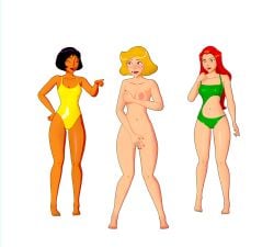 3d 3d_(artwork) 3girls alex_(totally_spies) areolae big_nipples black_hair blushed breasts clover_(totally_spies) completely_naked completely_nude dark-skinned_female dark_skin embarrassed_nude_female enf ginger_hair green_swimsuit laughing light-skinned_female light_skin naked otomechidori pink_nipples pool red_nails sam_(totally_spies) swimming_pool swimsuit teletoon totally_spies transparent_background trying_to_cover_up yellow_hair yellow_swimsuit