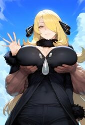 1boy 1girls 2d ai_generated big_breasts blonde_hair breasts cleavage clothed cynthia_(pokemon) dark-skinned_male dark_skin grabbing_breasts hair_over_one_eye huge_breasts interracial kaikoi muscular_male pokemon