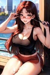 ai_generated big_breasts booty_shorts bukkake cleavage cumslut glasses long_hair original_character red_hair sperm tank_top thick_thighs