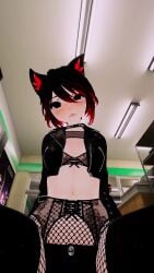 3d 3d_model animated belly_button black_hair cat_ears catgirl choker clothed clothing convenience_store exhibitionism fishnet fishnet_armwear fishnet_legwear fishnets flushed flushed_face fully_clothed garter garter_belt garter_straps garters grin grinding grinning highlights_(coloring) lace lace_bra lace_trim leather leather_jacket looking_at_viewer looking_down looking_down_at_viewer low-angle_view moving_hips pale-skinned_female pale_skin pov pov_eye_contact public shorts small_breasts spiked_collar thighhighs thighs tongue tongue_out tooty_fruity tummy video virtual_reality virtual_youtuber vrchat vrchat_avatar vrchat_media vrchat_model vtuber