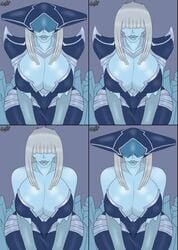 2d armor big_breasts big_lips blinding_bangs blue_skin breasts canastus cold female grey_background grey_hair hair hidden_eyes ice league_of_legends lipstick lissandra magic_user mature_female pinup pose shoulder_pads simple_background sketch tagme video_games wide_hips witch