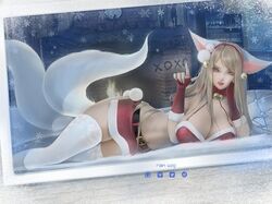 ahri animal_ears christmas christmas_outfit huge_breasts k/da_ahri k/da_series league_of_legends looking_at_viewer miniskirt rain_wzq santa_costume snow stockings thighhighs thighs white_stockings white_tail window