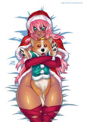 christmas corgi covering_body cute_eyes cute_face darkereve jagua_tales monica_del_rio nude pink_hair santa_coat santa_hat