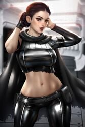 a_new_hope ayyasap beauty_mark belt blush cape clothed clothing clothing_cutout cosplay darth_vader_(cosplay) double_bun enemy_conversion female goth large_breasts leather looking_at_viewer lucasfilm milf mole mole_above_mouth navel navel_cutout padme_amidala padme_amidala_(imperial) pants parted_lips red_eyes red_lips sci-fi sith sleeveless spaceship standing star_wars tantive_iv tight tight_clothing tight_pants