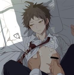 ahoge clothing danganronpa danganronpa_2:_goodbye_despair embarrassed hinata_hajime lighting looking_at_viewer looking_back male_only male_penetrated moobs nipple_play noshio on_bed on_top penis pov school_uniform straight_hair yaoi