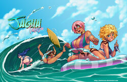 4girls blonde_hair blue_hair bottomless bra brown_hair darkereve human jagua_tales joana_dolores maya_diva monica_del_rio multiple_girls pink_hair surfboard surfing swimsuit tania_serrata tattoos