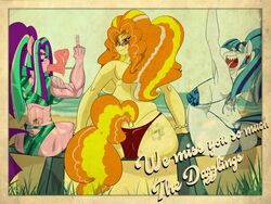 absurdres adagio_dazzle alternate_species anthro anthrofied aria_blaze ass beach bikini equestria_girls equid equine female female_only friendship_is_magic furry gesture group hasbro highres looking_back mammal middle_finger my_little_pony penis_lollipop sanyo2100 seaside sonata_dusk swimwear the_dazzlings topless