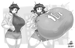 10t allanchorsaweigh big_breasts breast_expansion breasts bursting_breasts gigantic_breasts hoodie hyper hyper_breasts monochrome my_hero_academia nipple_bulge ripped_shirt short_hair shorts solo solo_female superhero tagme watermark