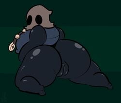 1-upclock 2021 anthro anus arthropod ass big_breasts big_butt big_nipples black_body black_exoskeleton black_eyes breasts brown_clothing brown_headwear cicada_(animal) cloth_(hollow_knight) clothing exoskeleton female genitals green_background grey_body grey_exoskeleton headgear headgear_only headwear headwear_only hi_res hood huge_breasts huge_butt huge_thighs insects jewelry looking_back mostly_nude necklace nipples no_pupils non-mammal_breasts overweight overweight_anthro overweight_female pattern_background pussy simple_background solo spread_legs spreading striped_background thick_thighs