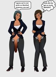 2futas balls betrayal breasts brown_skin cleavage clothed clothing dark-skinned_futanari dark_skin dialogue duo flaccid futa_only futanari high_heels huge_cock human indian indian_futanari intersex mostly_clothed penis penis_size_comparison penis_size_difference semi-erect small_penis small_penis_humiliation suit tan_skin text twins yukiponi