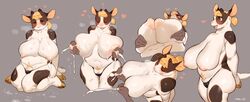 anthro bebebebebe big_breasts blush bodily_fluids bovid bovine breasts female genitals heart hi_res huge_breasts lactating mammal pussy simple_background