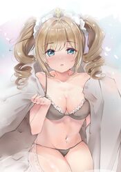 1girls barbara_(genshin_impact) bed_sheet bedroom_eyes blonde_hair blue_eyes blush bra breasts cleavage female female_only genshin_impact hi_res looking_at_viewer medium_breasts navel nun panties scup sweat twintails underwear