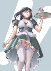 :d bar_censor black_hair breasts censored female female_pubic_hair food glasses helpig highres ice_cream long_hair no_panties open_mouth original pubic_hair purple_eyes smile solo thighhighs tray white_legwear