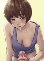 1boy bare_shoulders blush breasts brown_eyes brown_hair censored cum facial female handjob helpig highres looking_at_viewer mosaic_censoring nipple_slip nipples original penis pov short_hair strap_slip tank_top