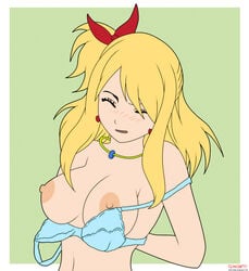 1girls blonde_hair blush bra breasts earrings eyebrows eyes_closed fairy_tail headband jewelry long_hair lucy_heartfilia mouth_open necklace nose removed_bra solo topless