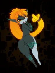 ass beckoning bedroom_eyes big_butt butt_pose female genitals gesture hair_down hi_res humanoid imp_midna looking_at_viewer looking_back midna narrowed_eyes nintendo no_helmet_imp_midna pose prehensile_hair pussy scorpdk seductive solo the_legend_of_zelda thick_thighs twili twilight_princess video_games