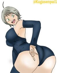 1girls arm_sleeves armpits ass back_view bent_over black_clover breasts cowlick female_only green_eyes kugasenpai1 large_ass large_breasts legwear licita_(black_clover) looking_at_viewer looking_back looking_back_at_viewer milf open_mouth plain_background short_hair silver_hair smile solo solo_female teeth thick_ass tongue watermark white_background