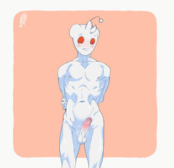 alien antennae balls embarrassed erection looking_at_viewer male_only muscular nude orange_eyes penis reddit snoo solo solo_male standing testicles white_body white_skin